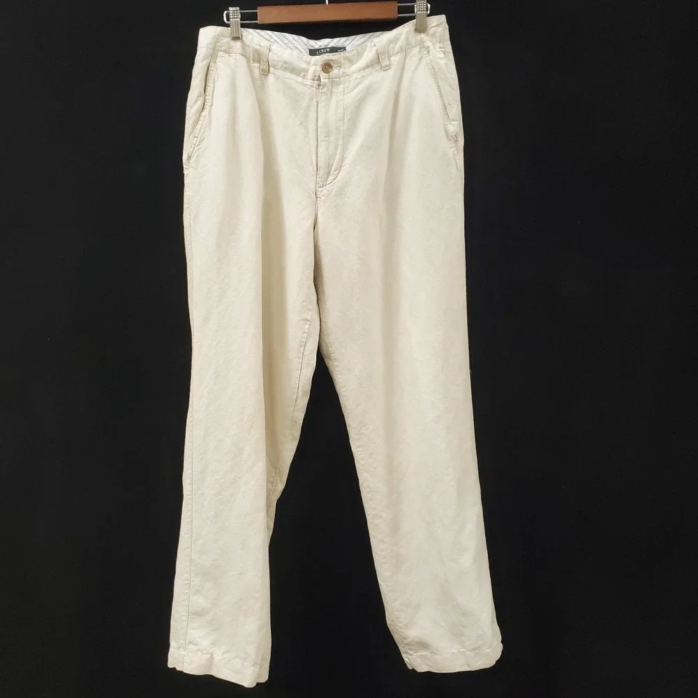 J Crew Mens Irish Linen Cotton Pants 34X32 Straight Leg Beige 73483